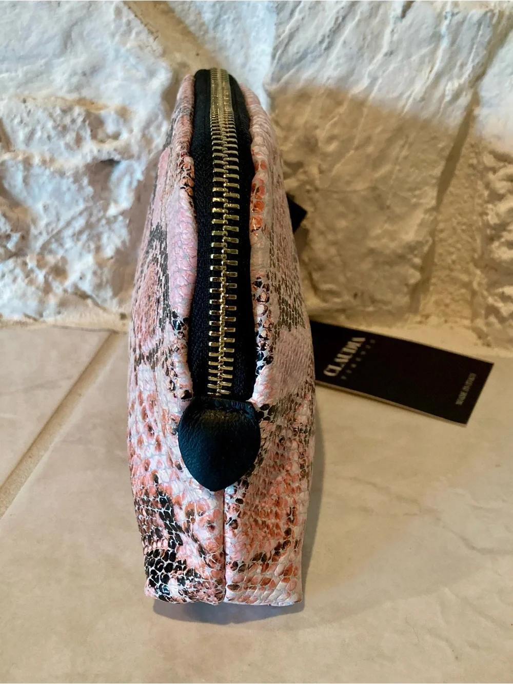 NWT Claudia Firenze pink, black, white leather snakeskin patterned makeup pouch